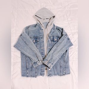 Denim Jacket with Attached Gray Hood